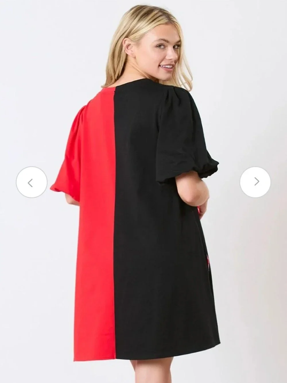 Peach Love Colorblock Red Black Puff Short Sleeve Football Helmet Mini Dress - Picture 3 of 11